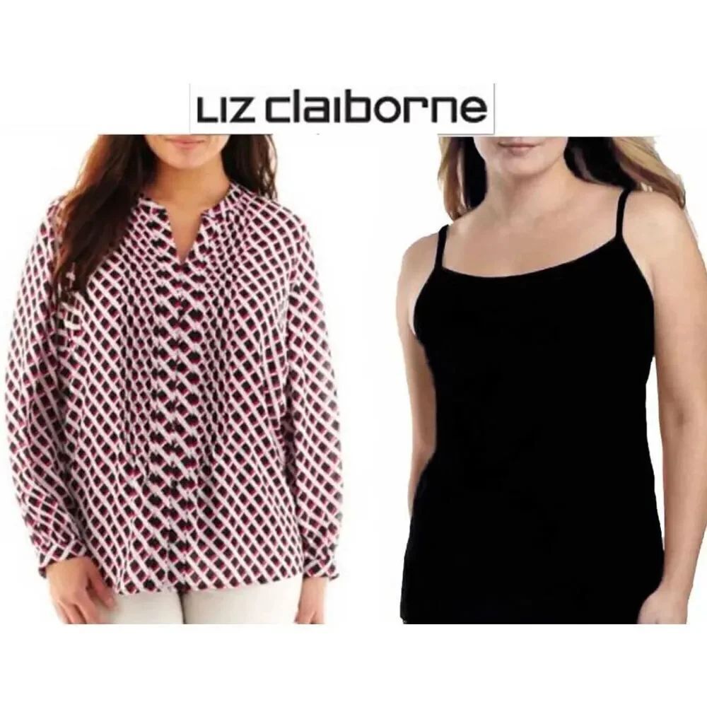 NWT Gorgeous Liz Claiborne 2X Blouse & Cami 2 Pc white black red printed chiffon